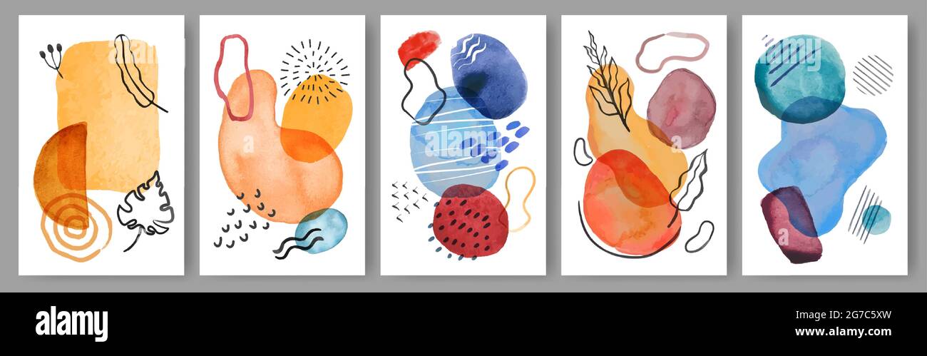 Affiche aquarelle abstraite. Peinture moderne aux formes organiques et traits de pinceau, taches, gribouillages. Décoration d'intérieur décoration murale ensemble vectoriel. Collection de tableaux contemporains Illustration de Vecteur