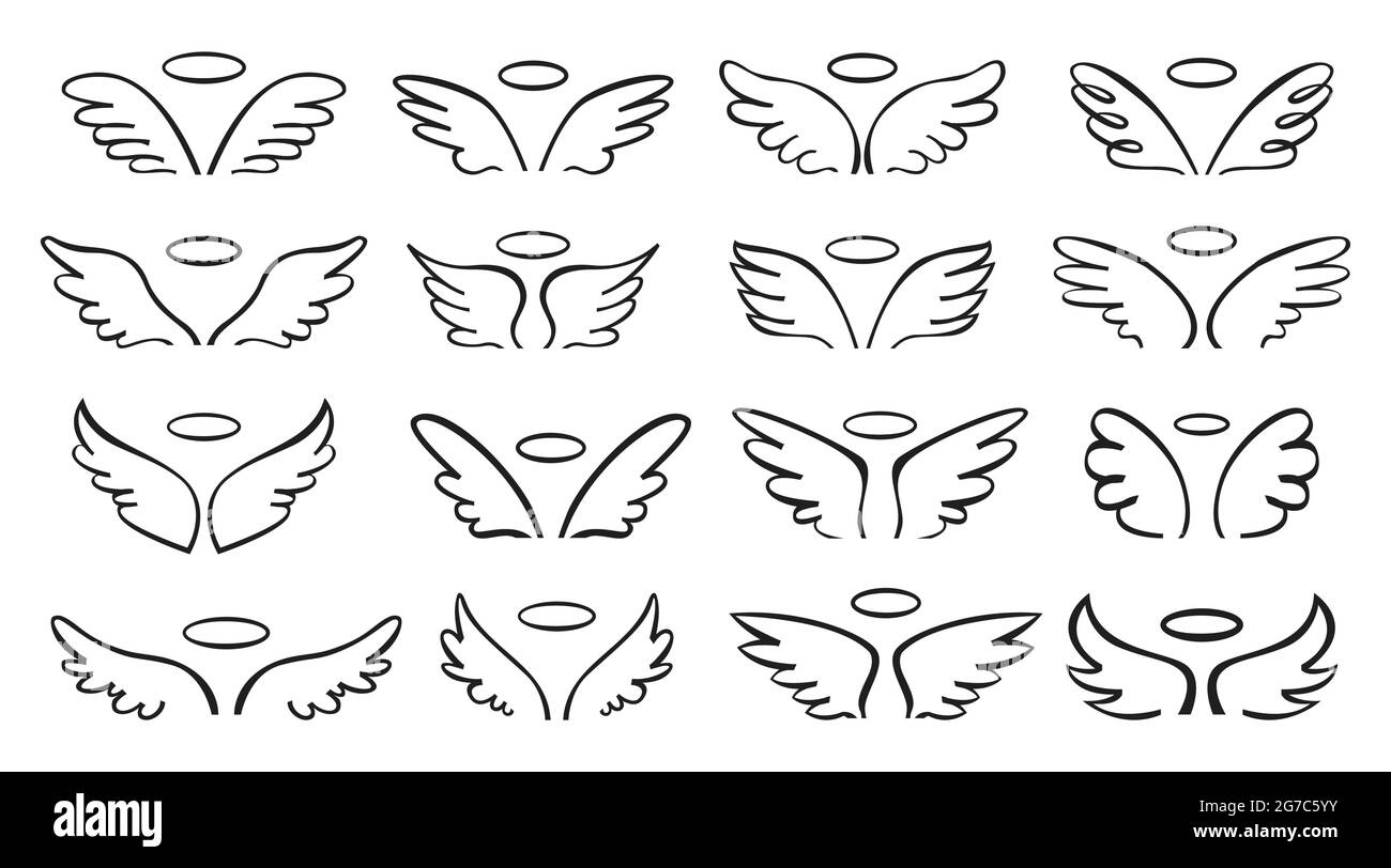 Dessin Aile D Ange Pour Tatouage Esquisser l'aile. Paire d'ailes d'ange avec halo. Mignon large ouvert aile  angélique Doodle, vol oiseau plumes contour tatouage ensemble de vecteur d'esquisse.  Collection de maquettes de logo, différents modèles Image Vectorielle Stock  -