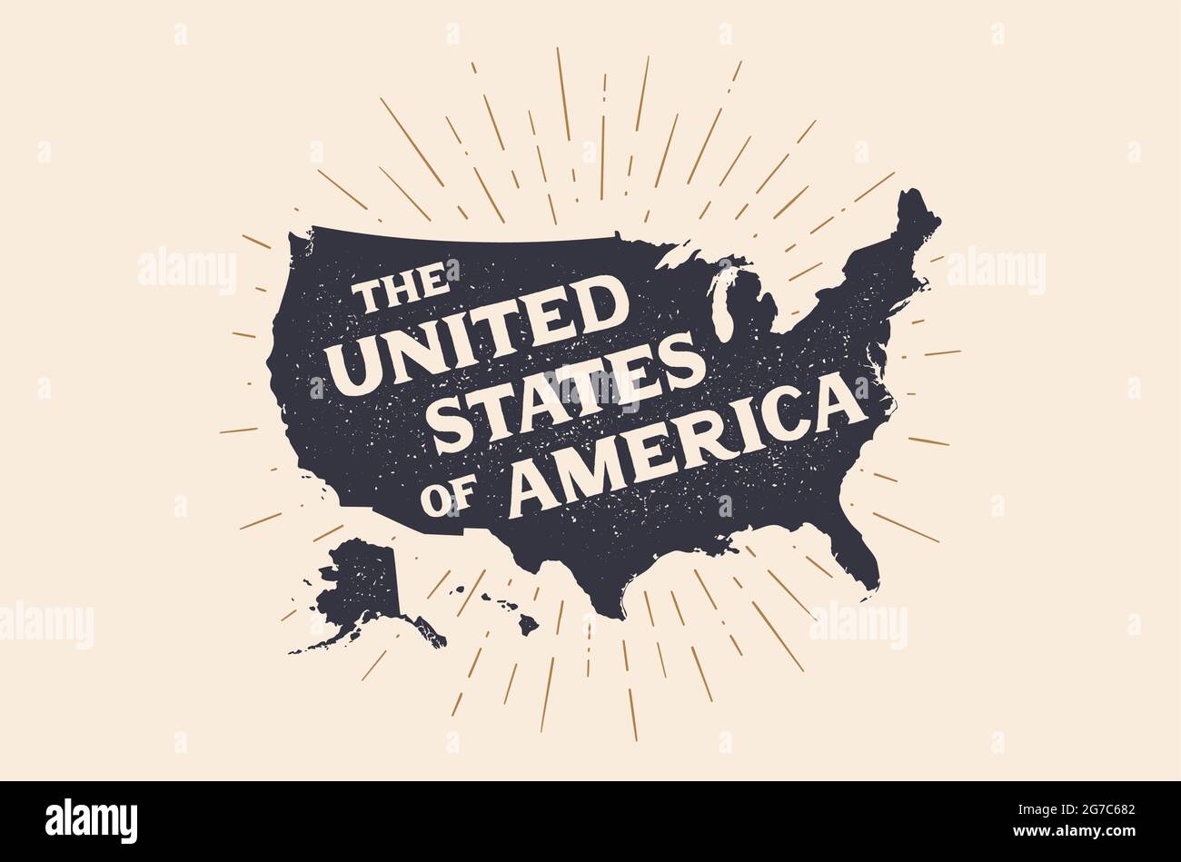 ÉTATS-UNIS. Affiche carte des États-Unis d'Amérique. Imprimer la carte des Etats-Unis pour le t-shirt et l'affiche. Carte dessinée à la main avec des rayons de lumière à dessin linéaire, des rayons de soleil et des rayons de soleil. Illustration vectorielle Illustration de Vecteur