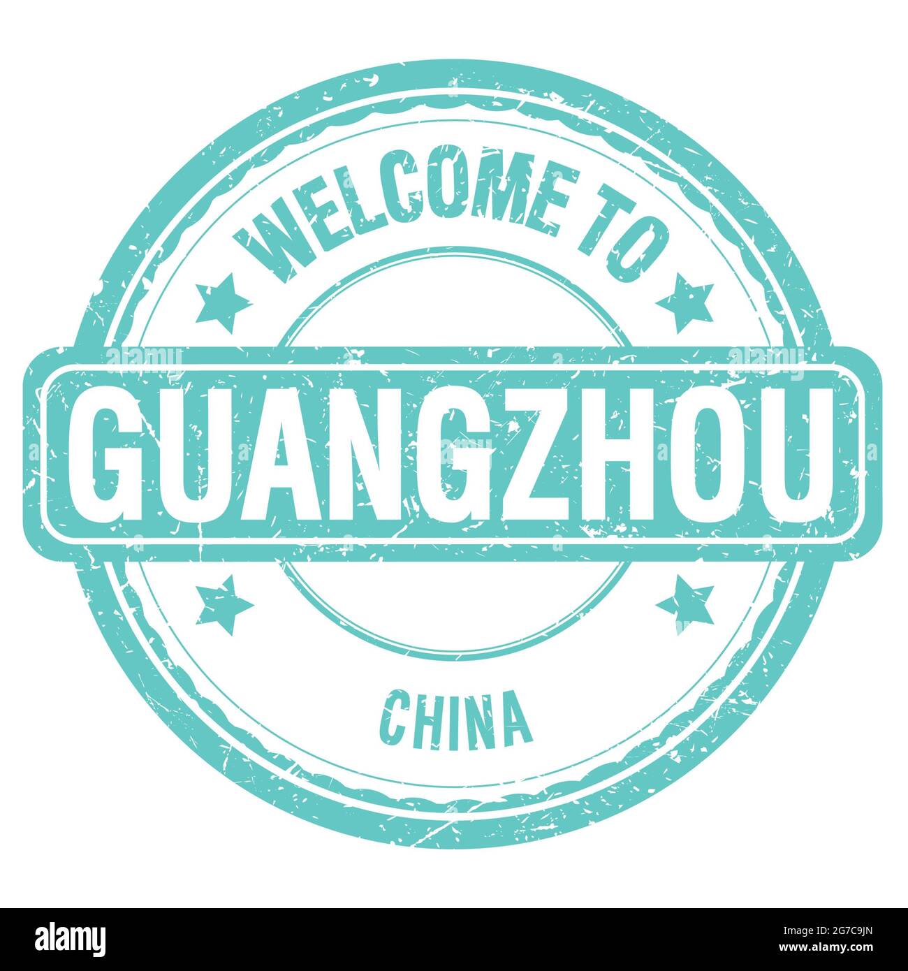 BIENVENUE À GUANGZHOU - CHINE, mots écrits sur timbre grungy turquoise Banque D'Images