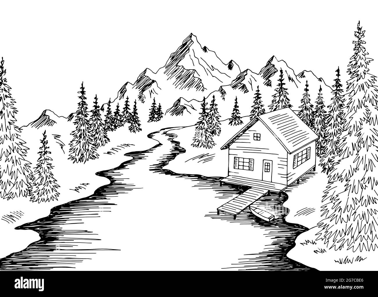 River House route graphique noir blanc paysage dessin illustration vecteur Illustration de Vecteur