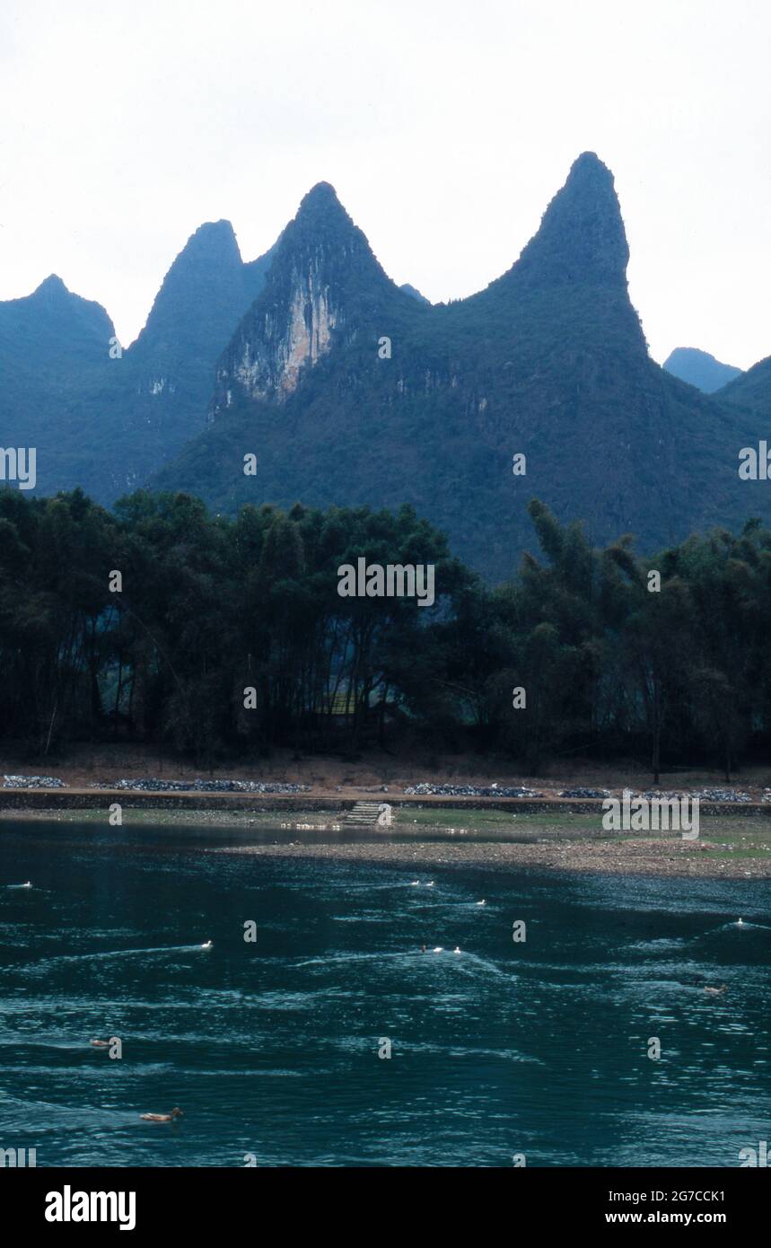 Berge am Li Jiang Fluss nahe der Stadt Guilin, Chine 1998. Montagnes au bord de la rivière Li Jiang près de la ville de Guilin, Chine 1998. Banque D'Images