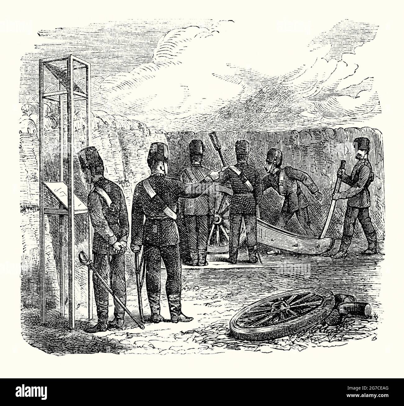 Une vieille gravure d'un Polemoscope victorien. C'est à partir d'un livre des années 1890 sur les découvertes et les inventions au cours des années 1800. Un poléoscope est un périscope militaire, un équipement où, à l'aide de deux miroirs de verre de plan réglés à un angle de 45 degrés, une scène qui n'est pas directement devant l'observateur (par exemple, regarder vers le haut et au-dessus d'un parapet). Ici on est utilisé pendant la bataille pour observer les mouvements de l'ennemi ou le résultat du tir d'une artillerie ronde à partir de tranchées défensives creusées sous le niveau du sol. Banque D'Images