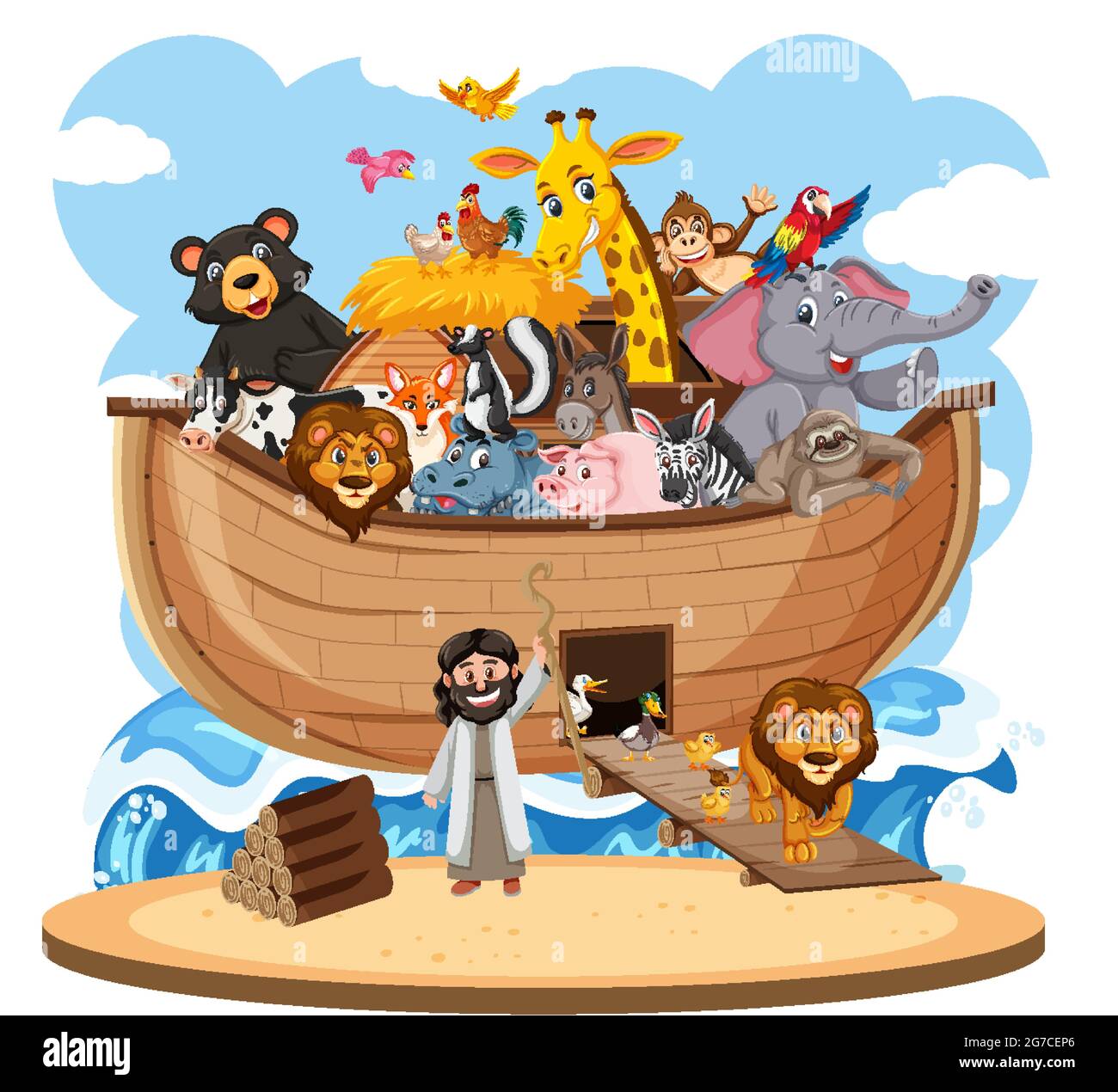 Arche de Noé avec animaux isolés sur fond blanc Illustration de Vecteur