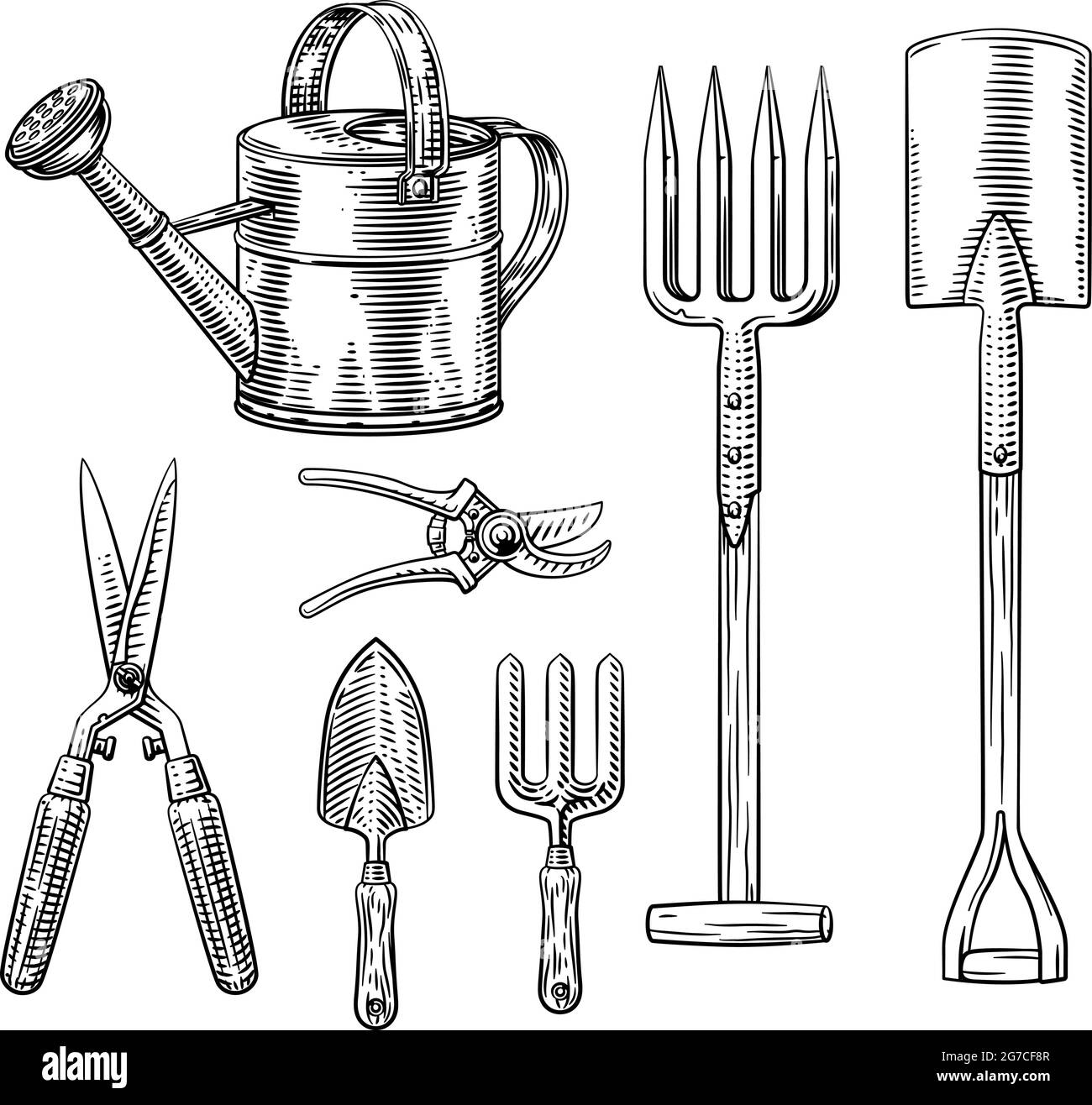 Ensemble d'outils de jardinage style rétro en bois Illustration de Vecteur