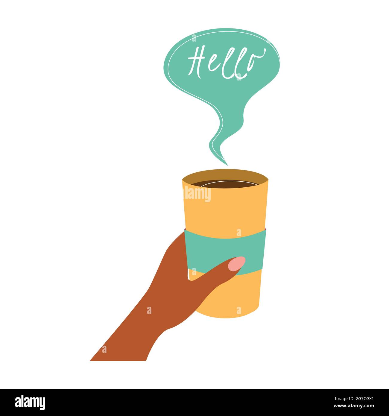 Café dans une tasse, noir foncé, tient une main, une bulle de parole avec l'inscription Bonjour. Vous pouvez insérer n'importe quel libellé. Isolé, sur fond blanc. Illustration vectorielle Illustration de Vecteur