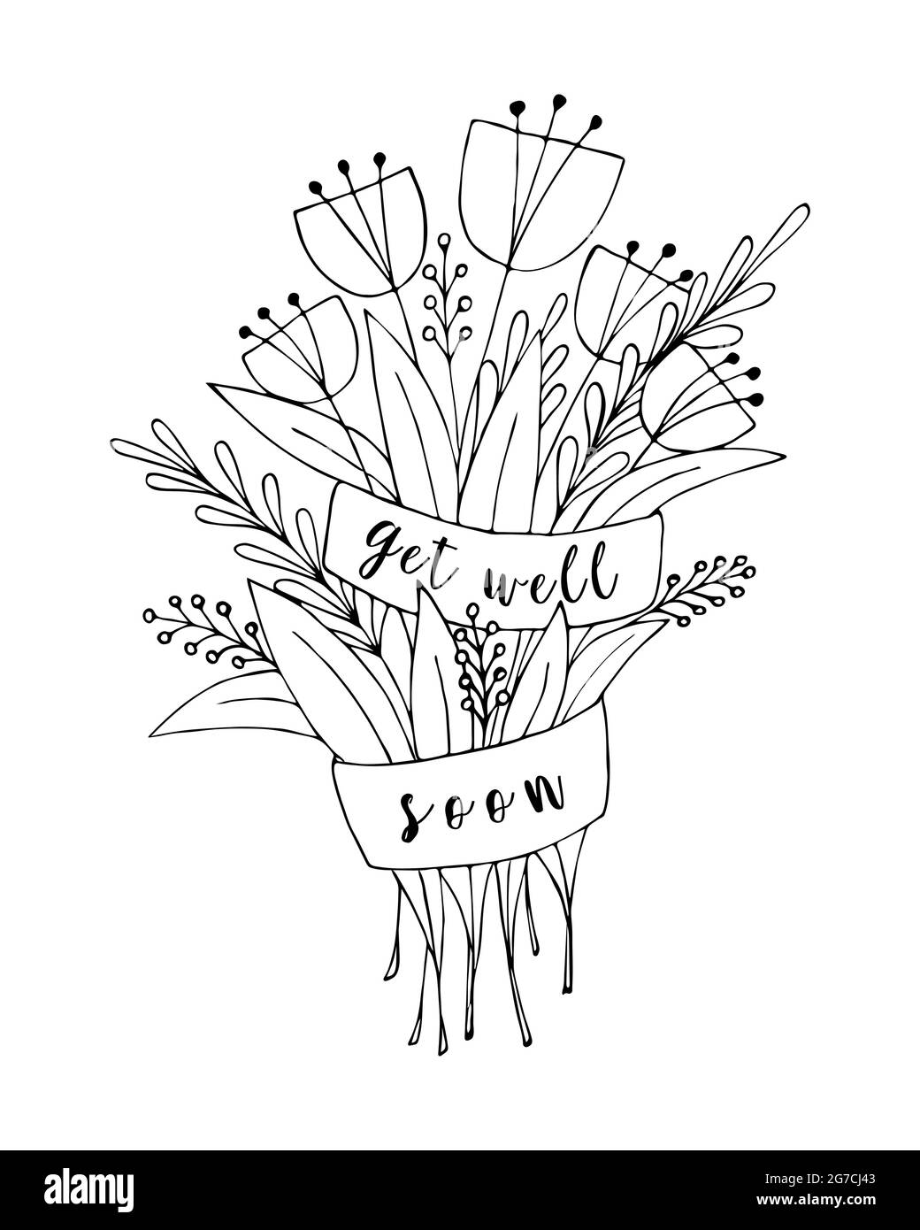 Bouquet de fleurs doodle avec l'inscription Get Well Soon, carte de voeux, désir de santé. Griffonnage de fleurs, dessin à la main, fond blanc. Illustration vectorielle. Illustration de Vecteur