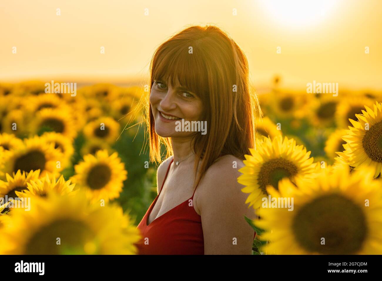 Bonne femme à Sunflower Field Banque D'Images