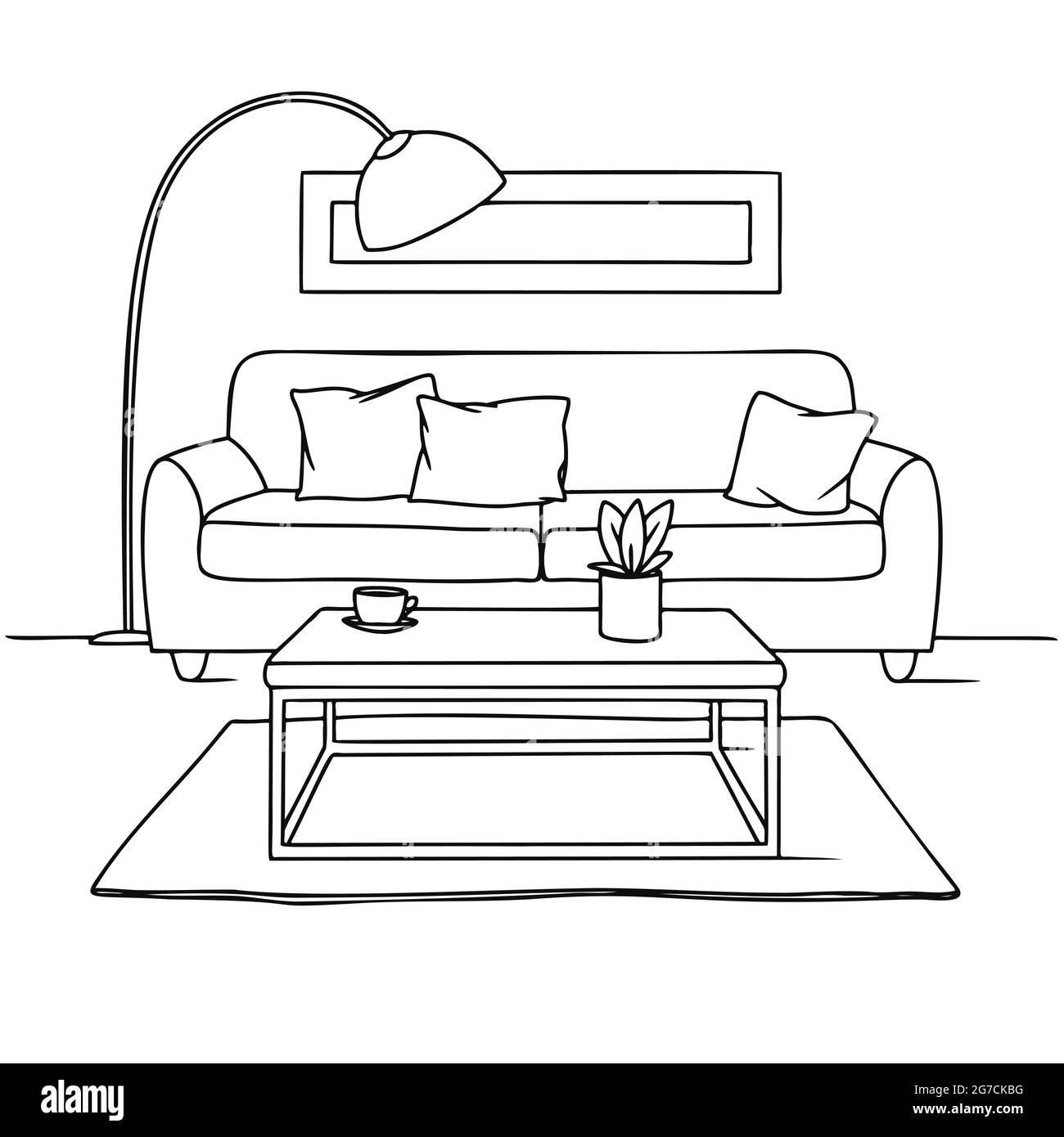 Dessin de la salle de séjour en noir sur blanc. Croquis de l'intérieur,  canapé, lampe et autres meubles. Illustration vectorielle Image Vectorielle  Stock - Alamy