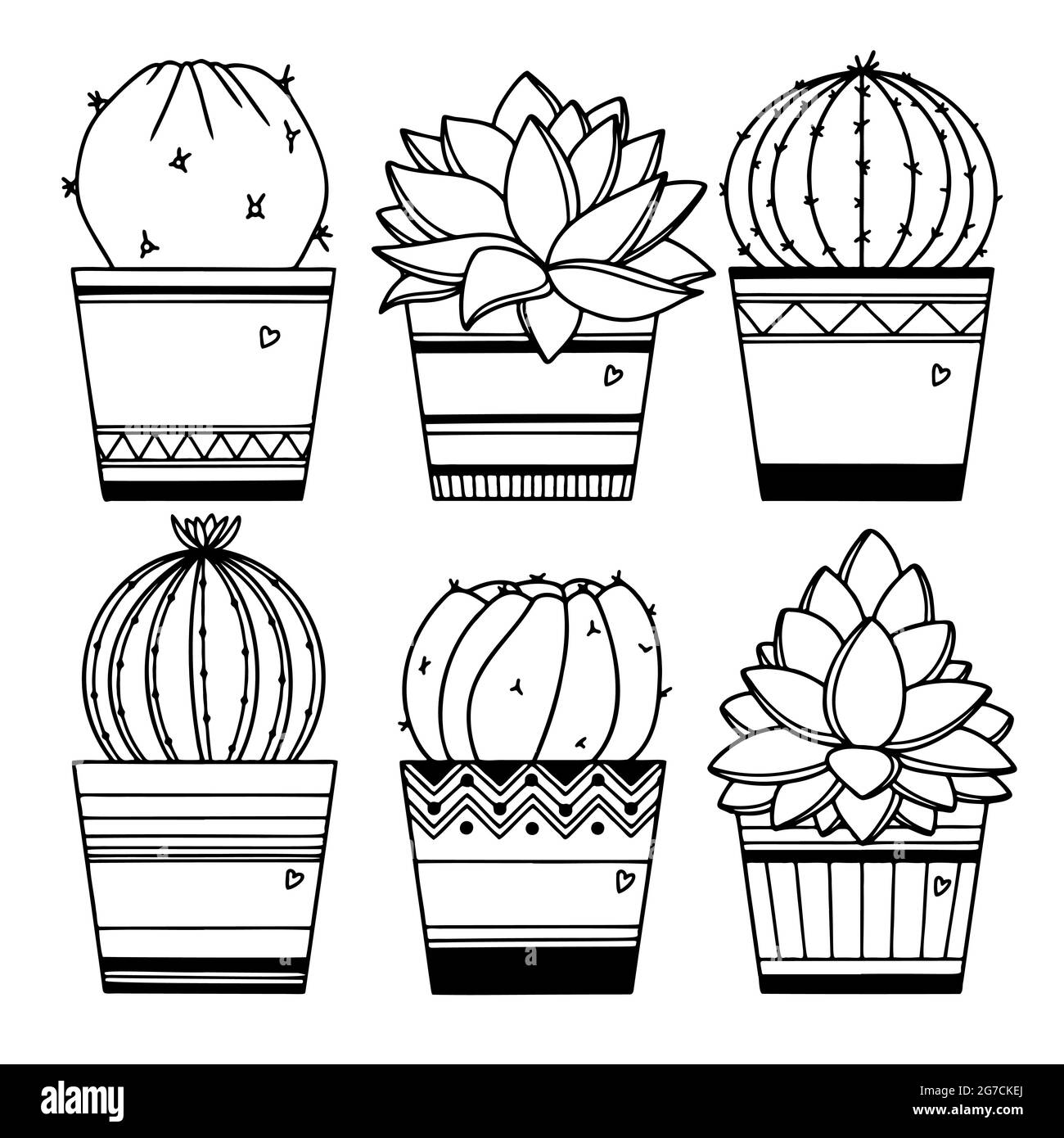 Ensemble de cactus dans des pots isolés sur fond blanc. Esquisse réussie. Illustration de Vecteur