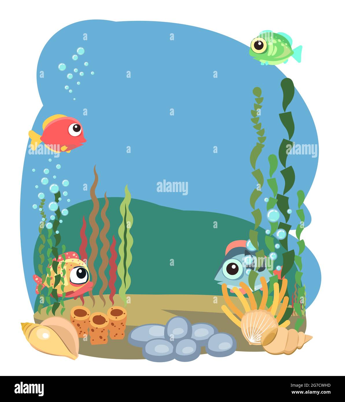 Le fond du réservoir avec du poisson. Eau bleue. Océan de mer. Isolared. Paysage sous-marin avec des animaux, des plantes, des algues et des coraux. Illustration dans Illustration de Vecteur