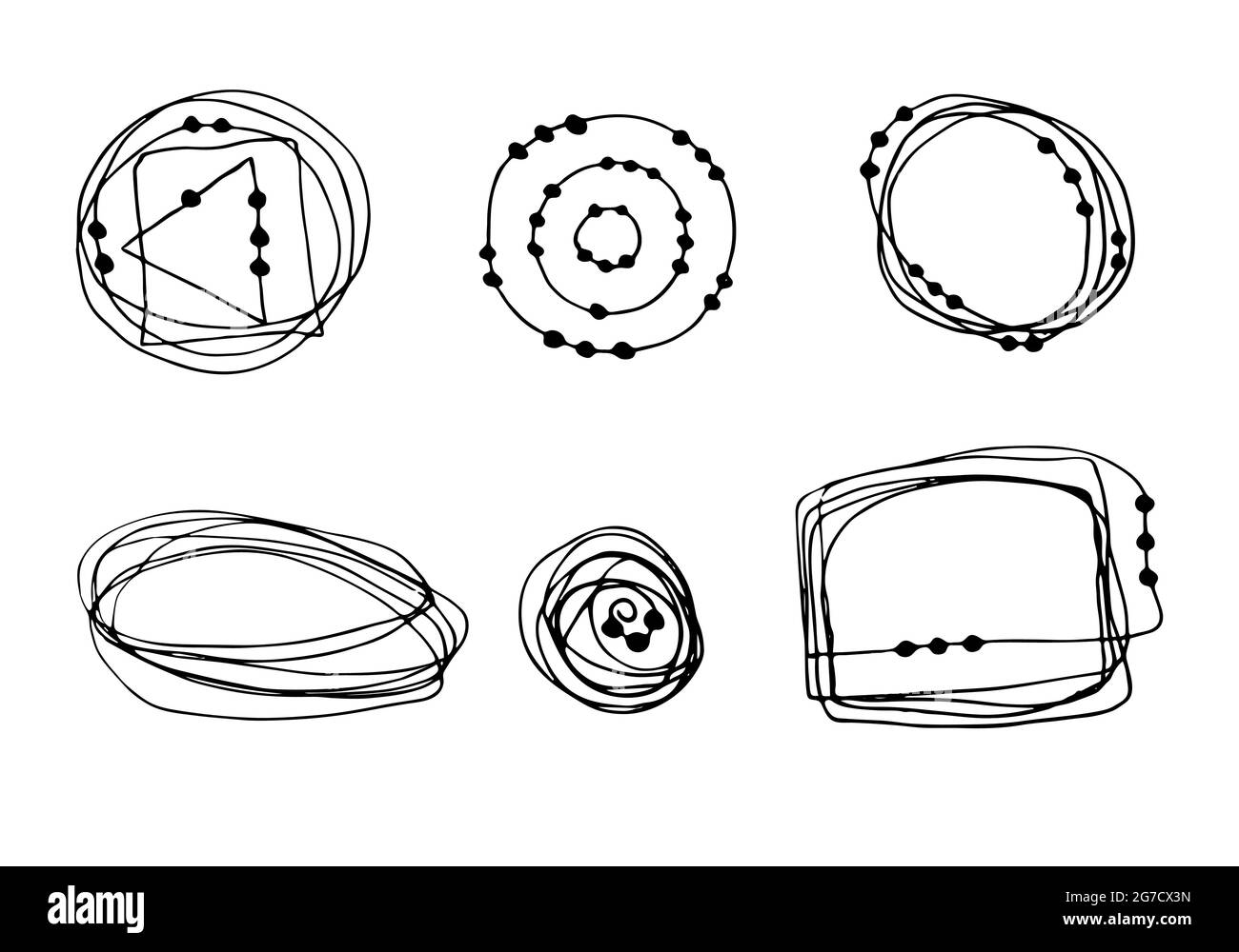 Ensemble vectoriel de cadres et d'éléments de conception de gribouillage, isolé sur fond blanc, pour motif, arrière-plan, toile de fond, cadre. Dessin à la main, rond, carré, triangle. Illustration vectorielle Illustration de Vecteur