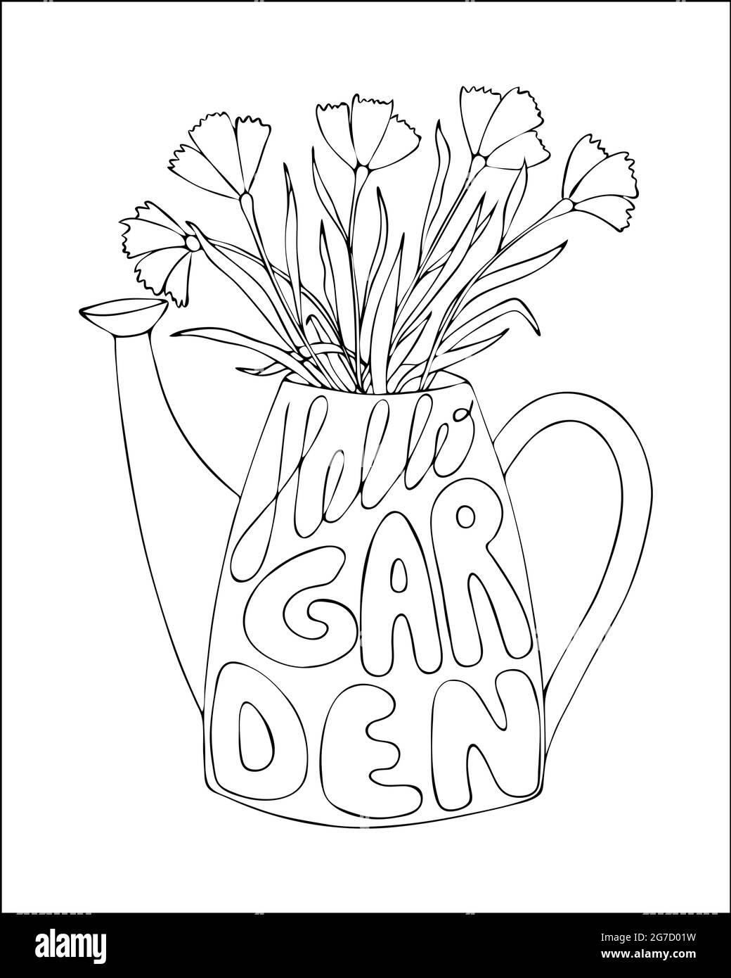 Arrosoir de jardin avec l'inscription Hello Garden, avec des fleurs, dessin de contour à la main, printemps, coloration, arrière-plan blanc isolé. Illustration vectorielle Illustration de Vecteur