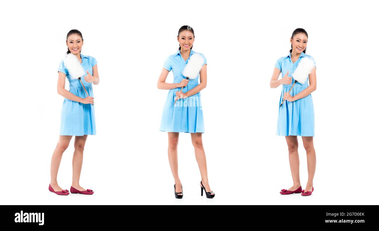 Asian hotel maid ou femme de ménage, de composition de trois séquences, isolé sur fond blanc Banque D'Images