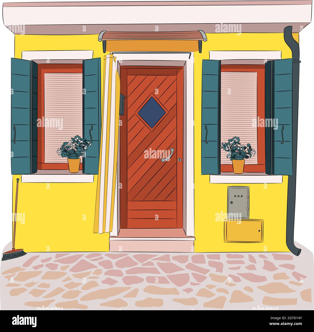 Façade traditionnelle de maison multicolore avec portes-fenêtres et volets sur l'île de Burano. Venise. Italie. Illustration de Vecteur