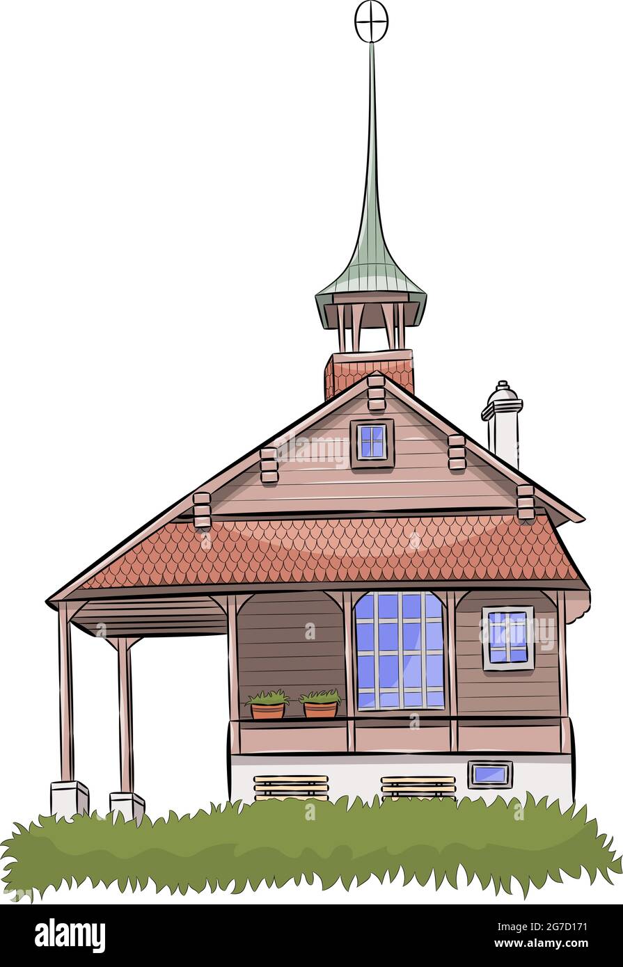 Illustration vectorielle d'une chapelle catholique en bois avec une cloche dans le village suisse Isetwald isolé sur fond blanc. Illustration de Vecteur