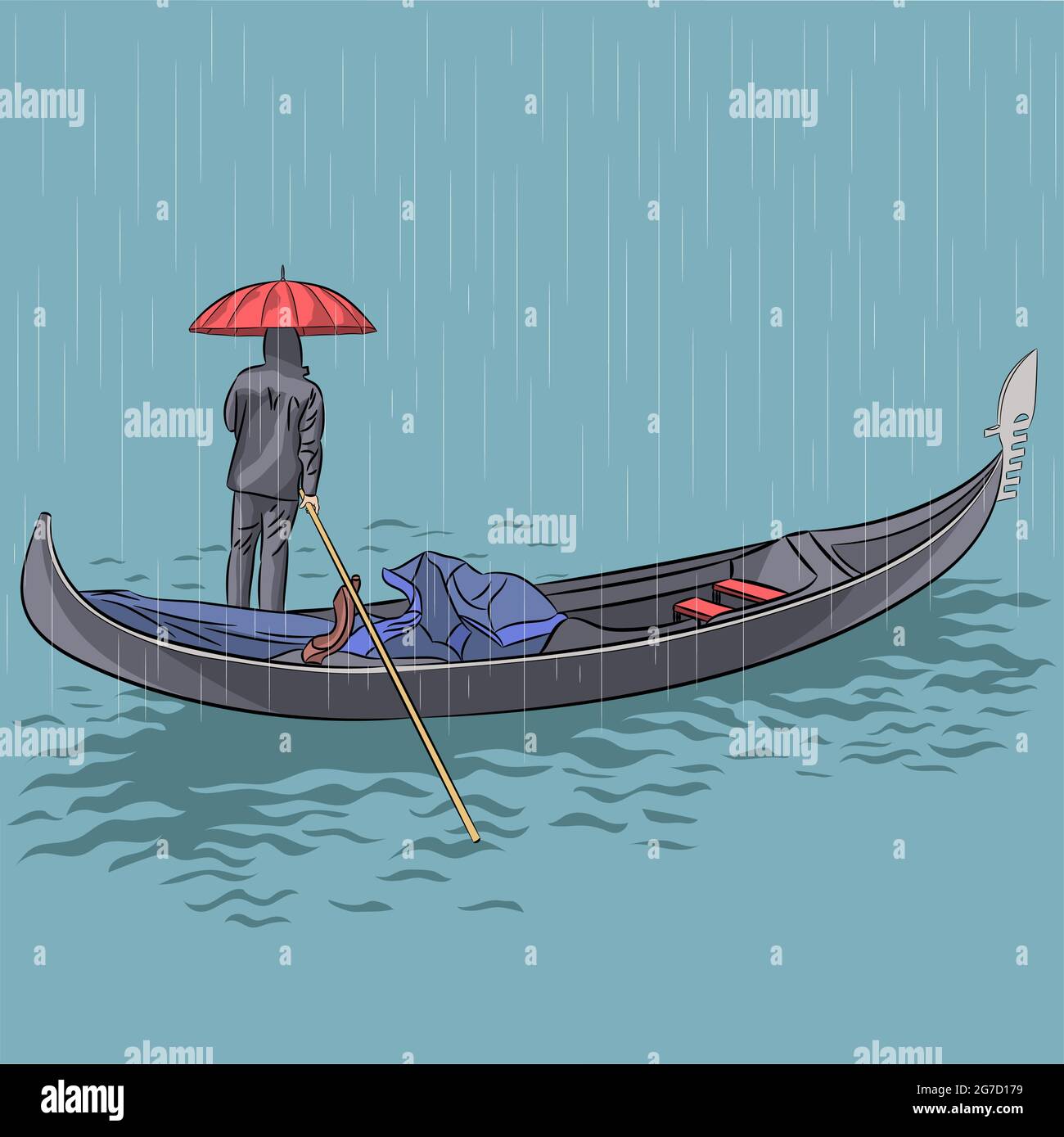 Illustration vectorielle d'un gondolier vénitien sous un parapluie rouge par temps pluvieux dans une gondole traditionnelle. Illustration de Vecteur
