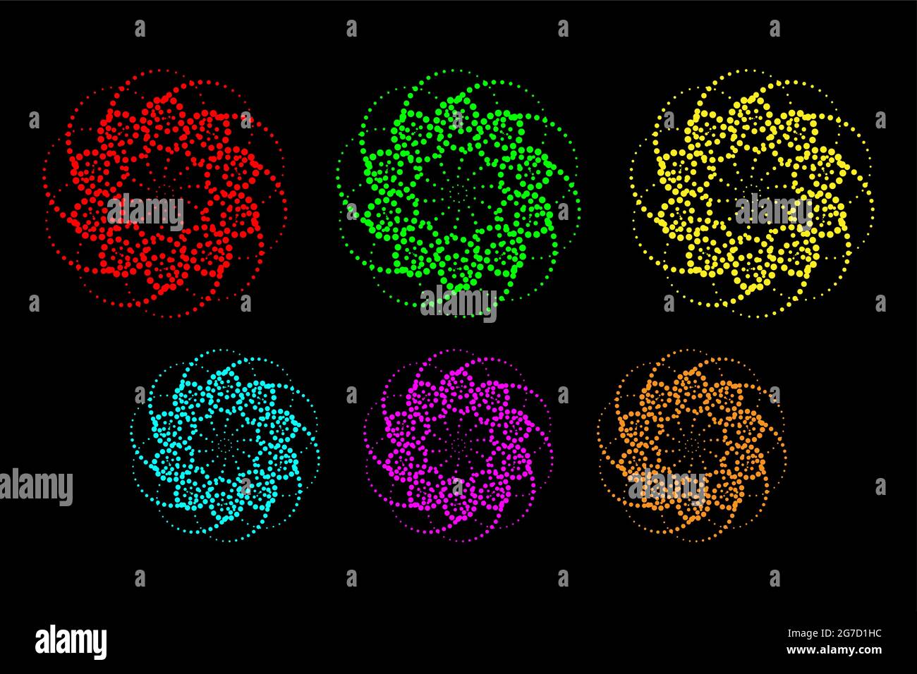 Modèle de logo ensemble de mannequins à pois de fleurs, style graphique en spirale de escargot. Motif géométrique fleuri coloré. Élément en pointillés, image décorative avec fleurs e Illustration de Vecteur