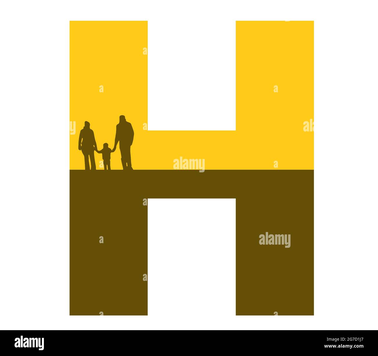 Lettre H de l'alphabet avec une silhouette de famille, de père, de mère et d'enfant, de couleur ocre et marron Banque D'Images
