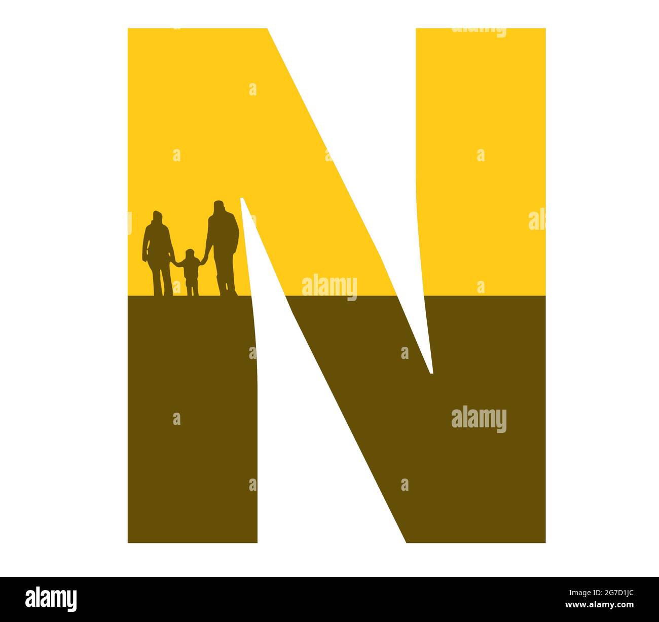 Lettre N de l'alphabet avec une silhouette de famille, de père, de mère et d'enfant, de couleur ocre et marron Banque D'Images