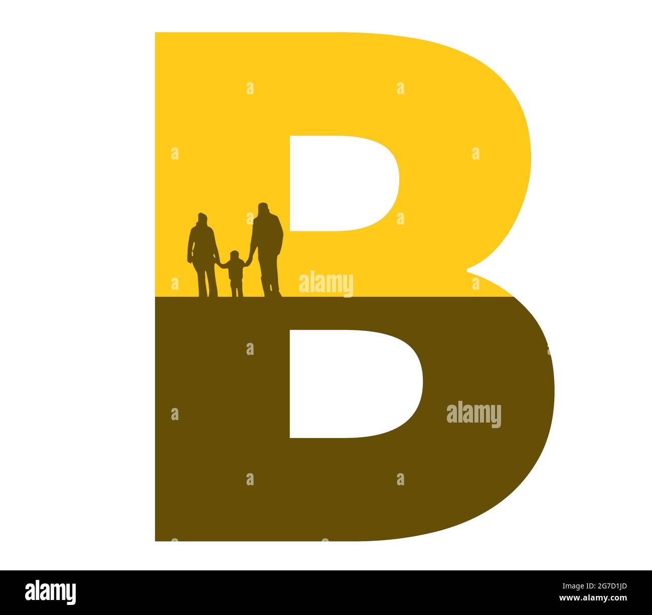 Lettre B de l'alphabet avec une silhouette de famille, de père, de mère et d'enfant, de couleur ocre et marron Banque D'Images