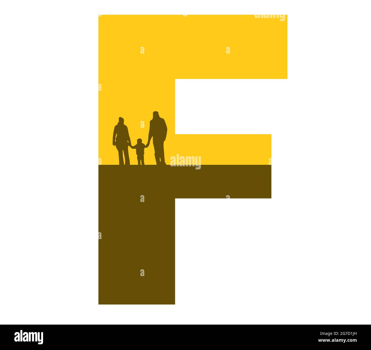 Lettre F de l'alphabet avec une silhouette de famille, de père, de mère et d'enfant, de couleur ocre et marron Banque D'Images