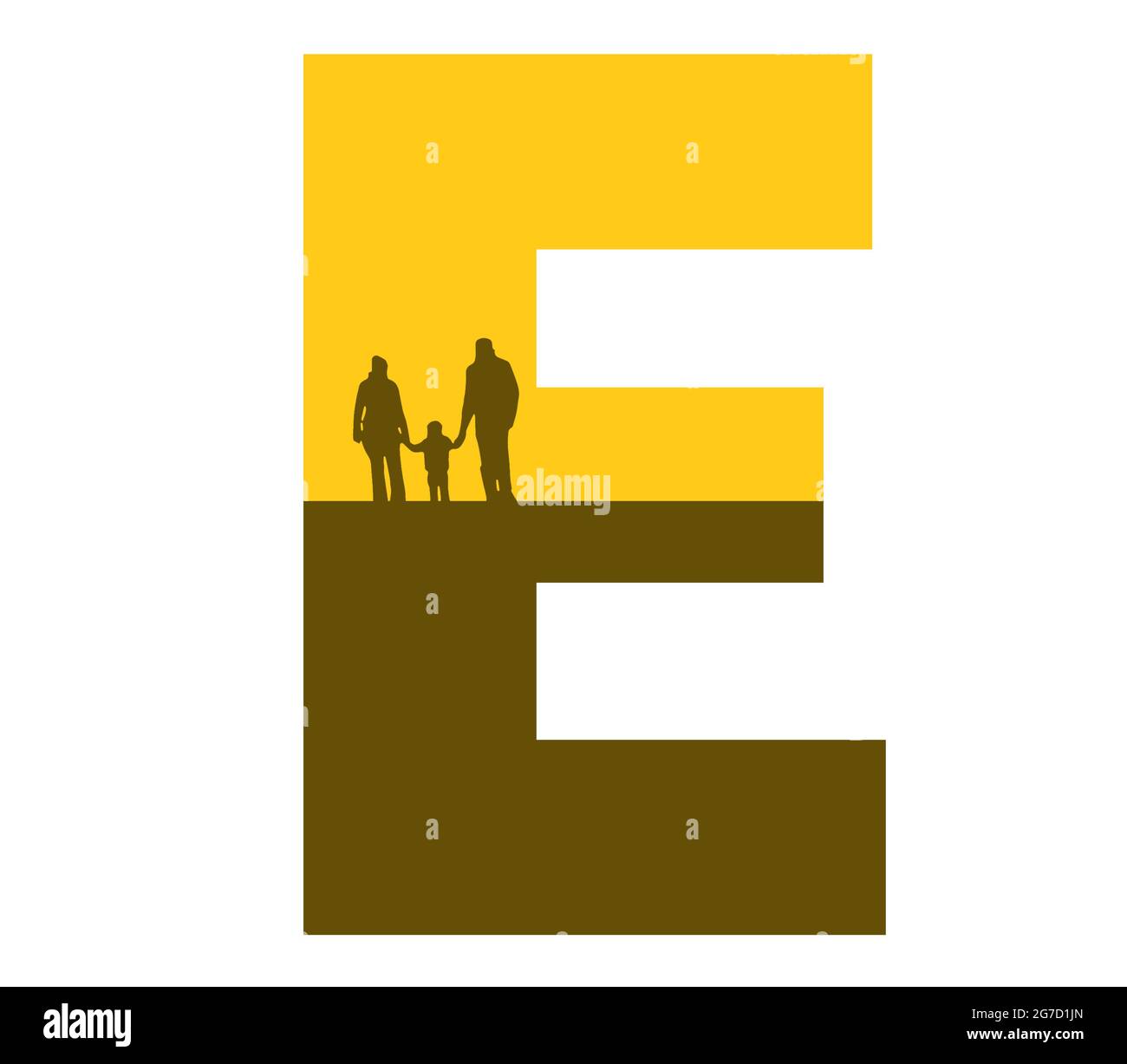 Lettre E de l'alphabet avec une silhouette de famille, de père, de mère et d'enfant, de couleur ocre et marron Banque D'Images