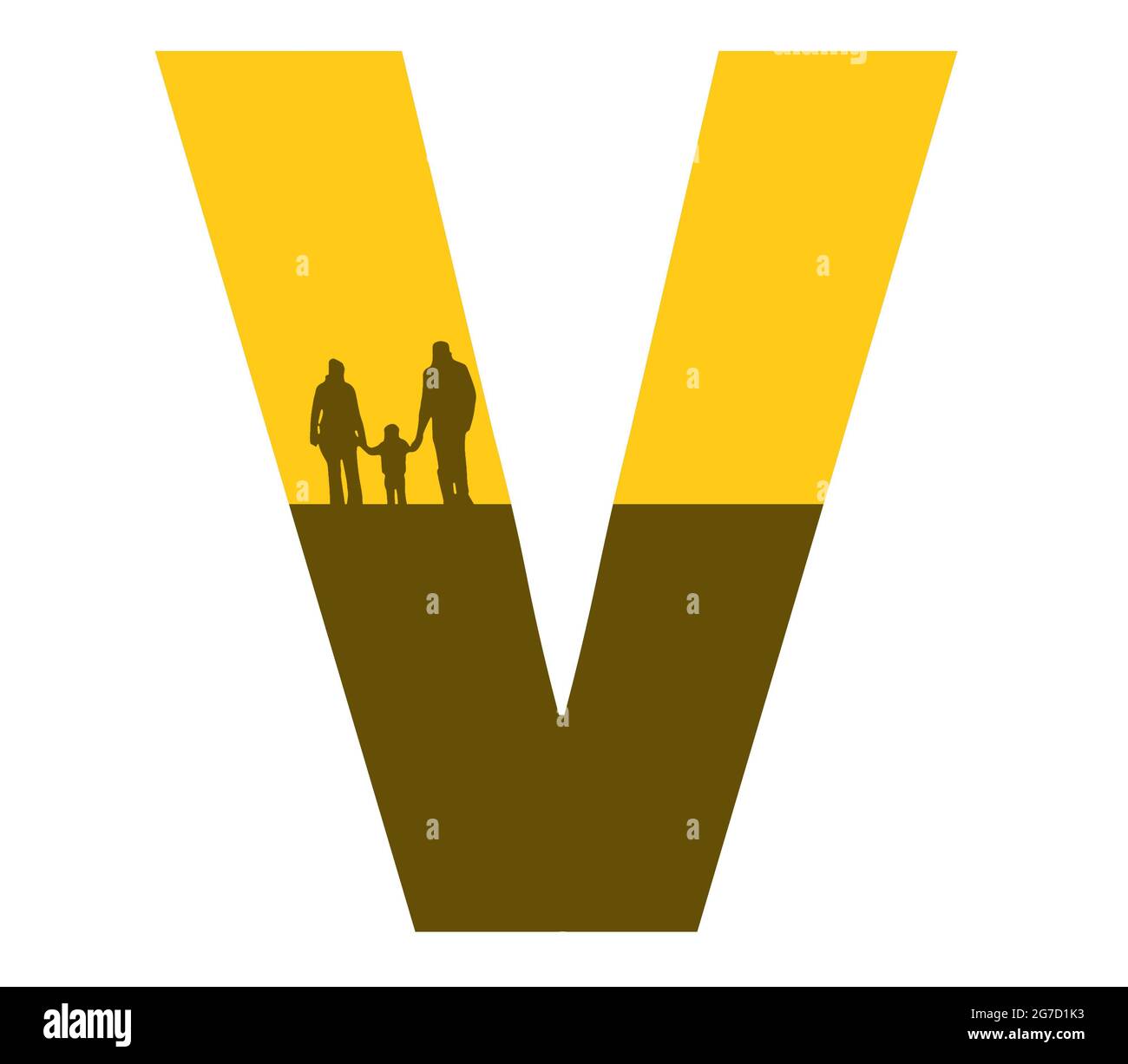 Lettre V de l'alphabet avec une silhouette de famille, de père, de mère et d'enfant, de couleur ocre et marron Banque D'Images