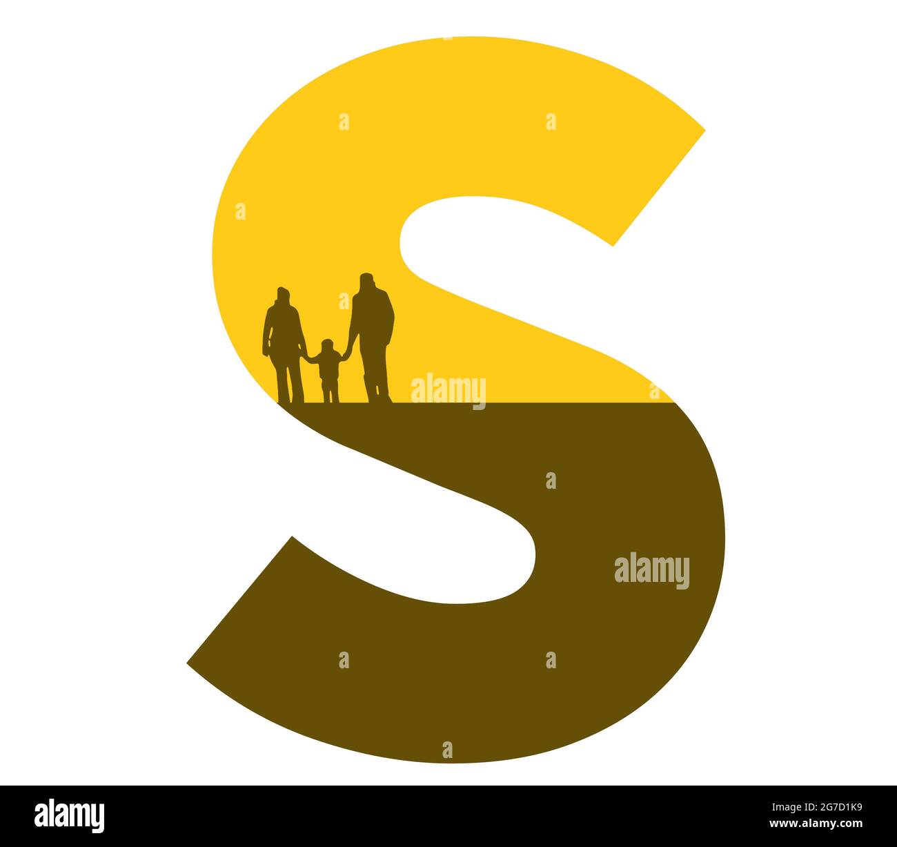 Lettre S de l'alphabet avec une silhouette de famille, de père, de mère et d'enfant, de couleur ocre et marron Banque D'Images