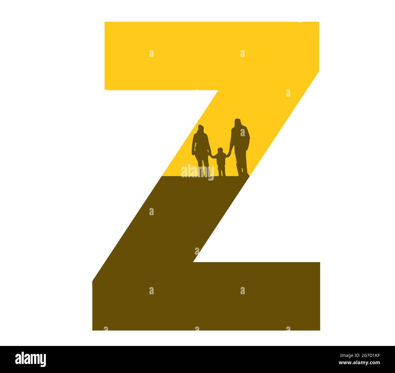 Lettre Z de l'alphabet avec une silhouette de famille, de père, de mère et d'enfant, de couleur ocre et marron Banque D'Images