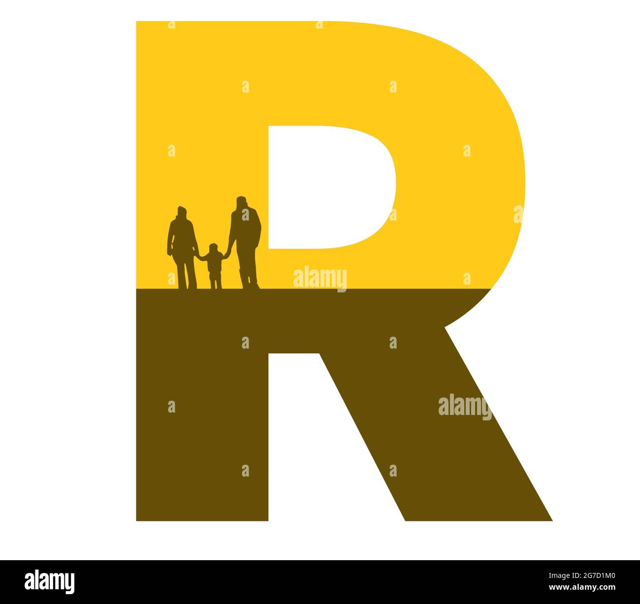 Lettre R de l'alphabet avec une silhouette de famille, de père, de mère et d'enfant, de couleur ocre et marron Banque D'Images
