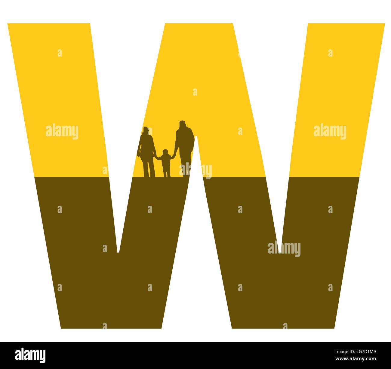 Lettre W de l'alphabet avec une silhouette de famille, de père, de mère et d'enfant, de couleur ocre et marron Banque D'Images