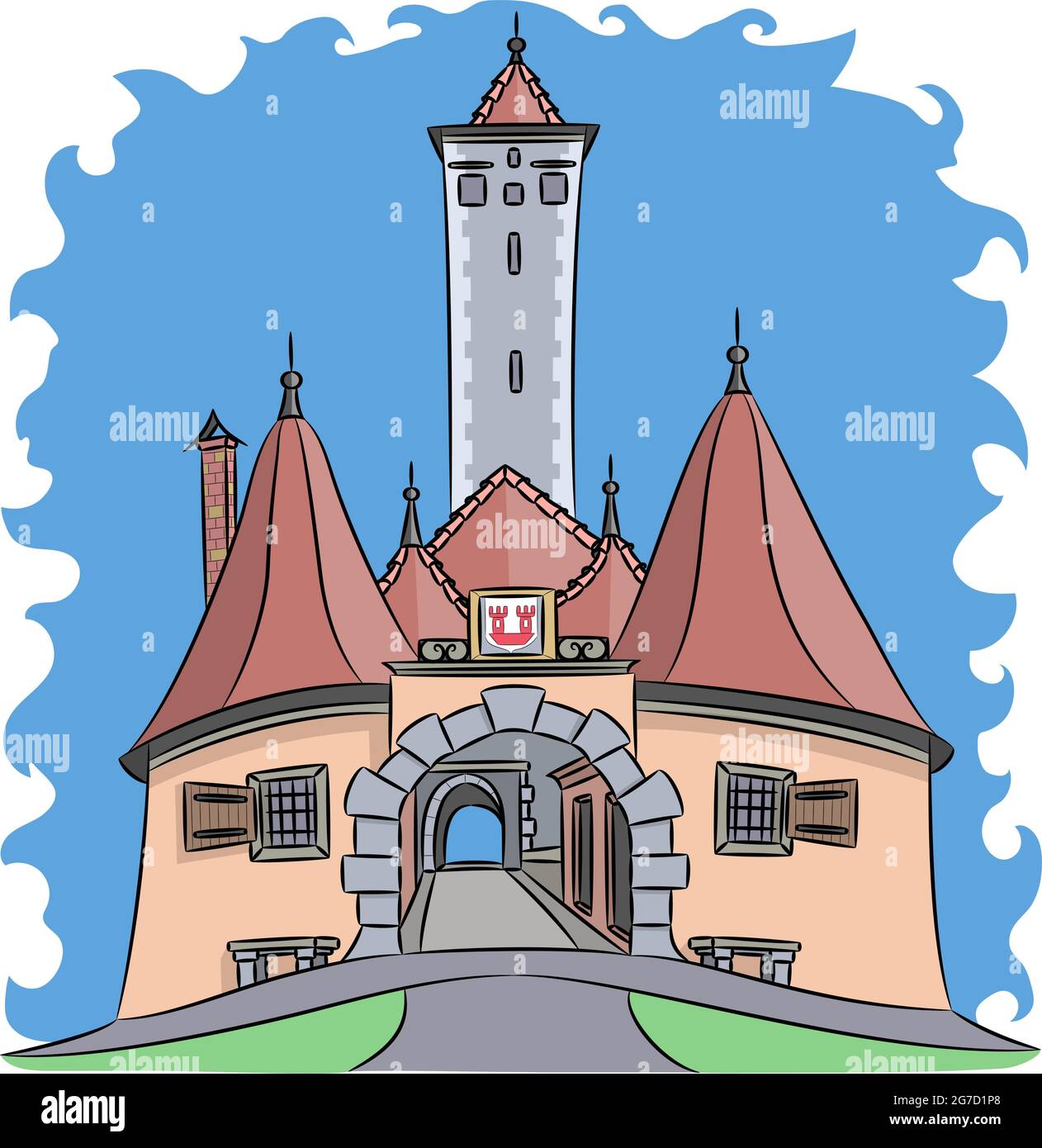 Illustration vectorielle de la porte médiévale urbaine de Burtorg avec tours. Rothenburg ob der Tauber. Allemagne. Bavière Illustration de Vecteur