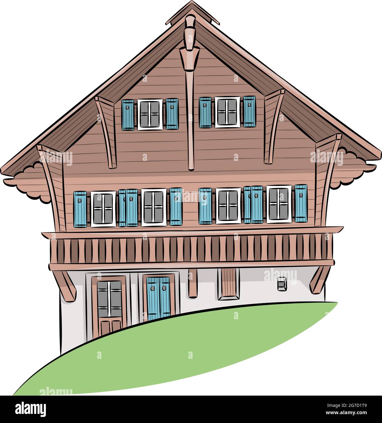 Illustration vectorielle d'une maison de village suisse traditionnelle sur une pelouse verte. Suisse. Lungern. Illustration de Vecteur