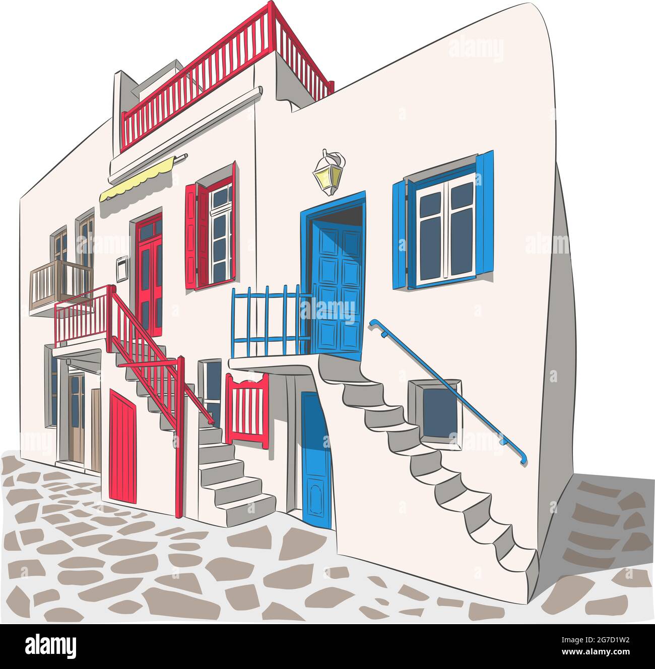 Maison grecque blanche traditionnelle sur l'île de Mykonos. Illustration de Vecteur