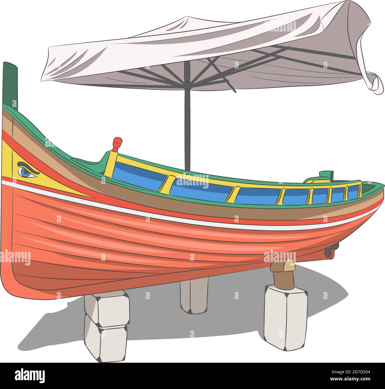 Réparer les bateaux de pêche traditionnels en bois de Luzzu sur la rive. Malte. Illustration de Vecteur