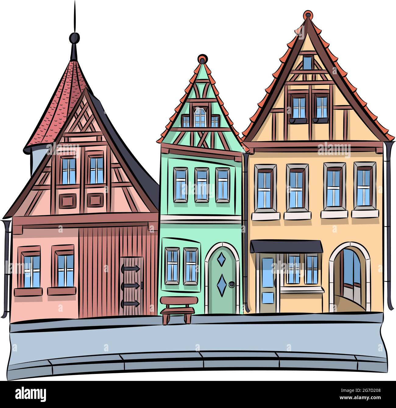 Maisons médiévales à colombages multicolores à Rothenburg ob der Tauber. Illustration vectorielle. Illustration de Vecteur
