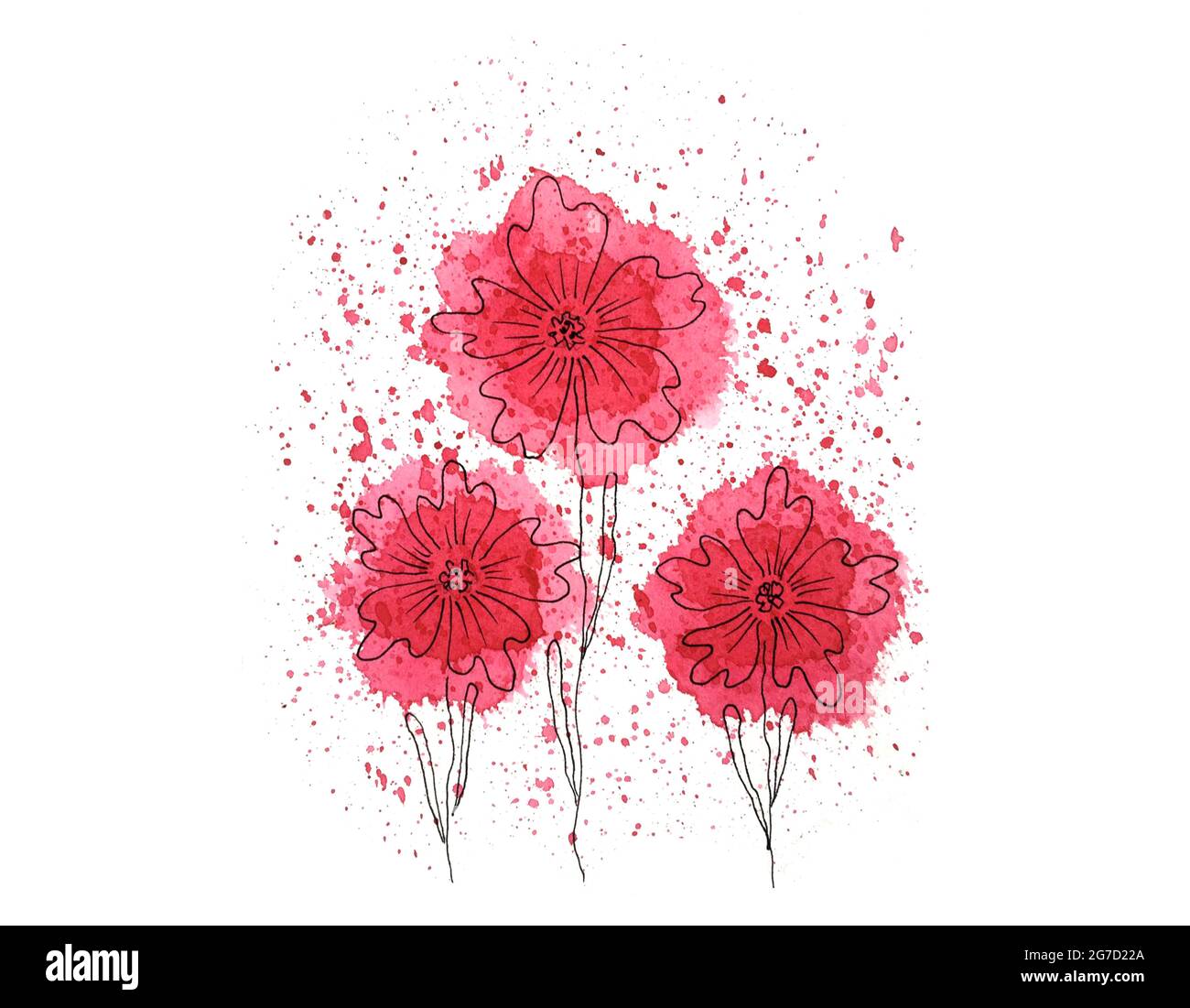 Fleurs taches rouges taches aquarelle avec gribouillage noir, taches de peinture, coquelicots, pour fond, carte postale, bannière. Pour votre conception. Banque D'Images