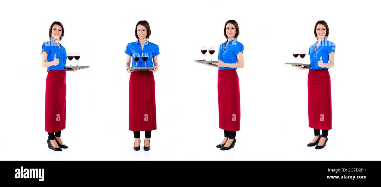 Serveuse asiatique avec du vin sur un plateau, de composition de quatre scènes, isolé sur fond blanc Banque D'Images