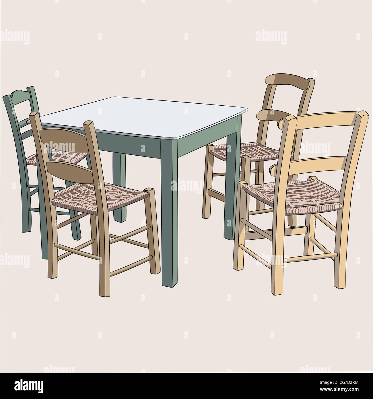 Table à manger en bois vert et quatre chaises. Illustration de Vecteur