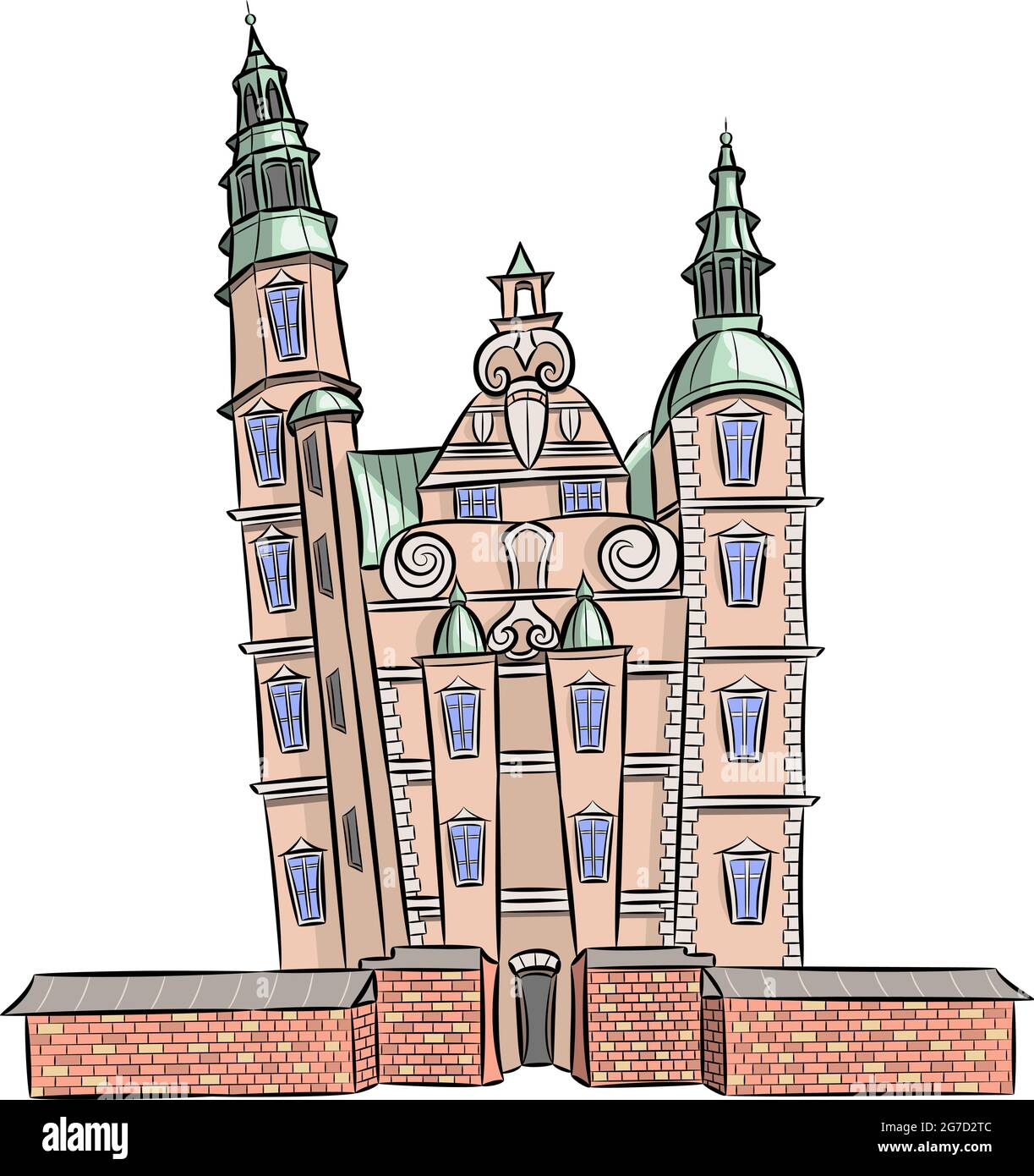 Ancien château royal avec tours de Rosenborg. Illustration à vecteur de couleur sur fond blanc. Copenhague. Danemark. Illustration de Vecteur