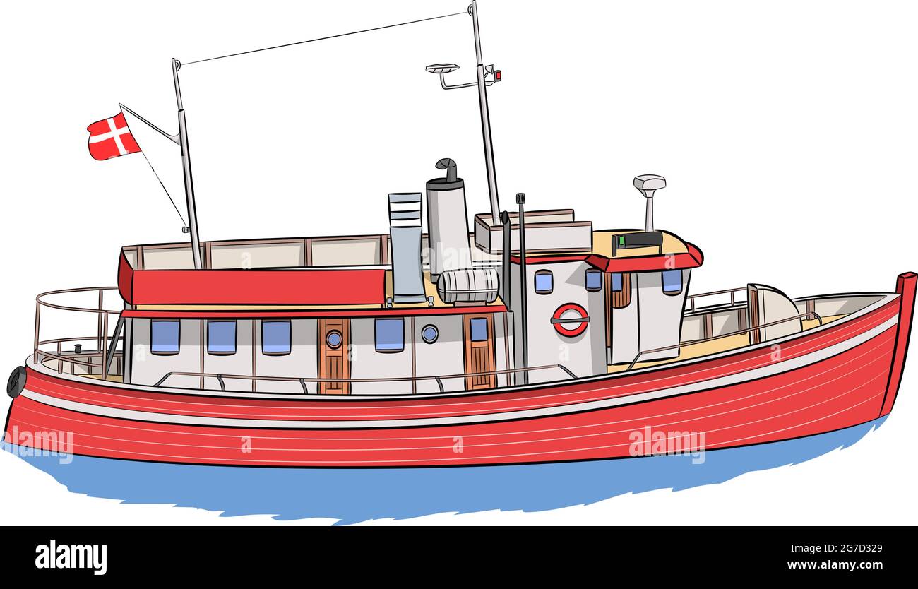 Bateau rouge touristique avec le drapeau du Danemark. Illustration vectorielle. Illustration de Vecteur