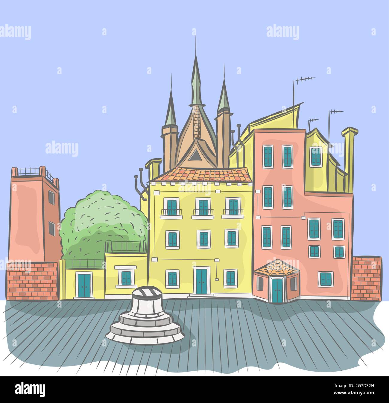 Illustration vectorielle d'une ancienne place vénitienne avec un puits. Venise. Italie. Illustration de Vecteur