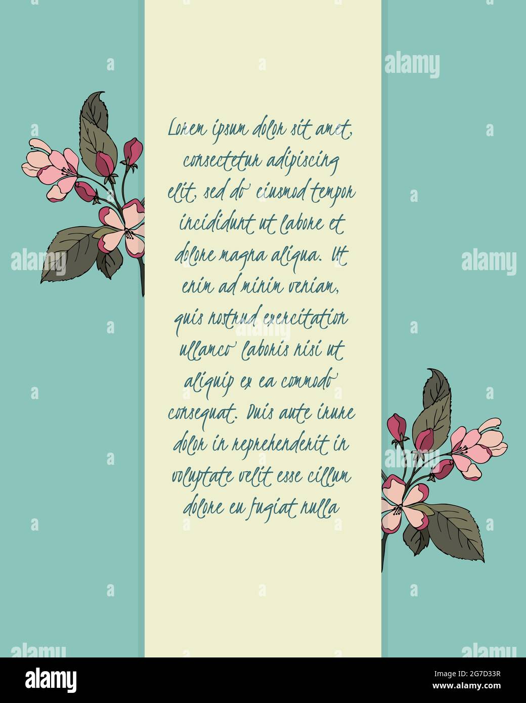 Arrière-plan bleu carte postale avec une bande pour le texte, avec des fleurs sakura en style gribouillage. Illustration vectorielle Illustration de Vecteur