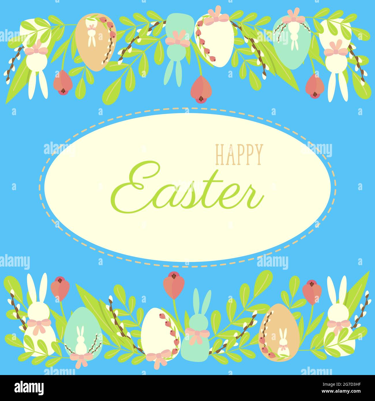Carte de Pâques festive avec inscription, ornée de gribouillages, d'œufs, de lapins, sur fond bleu. Illustration vectorielle Illustration de Vecteur