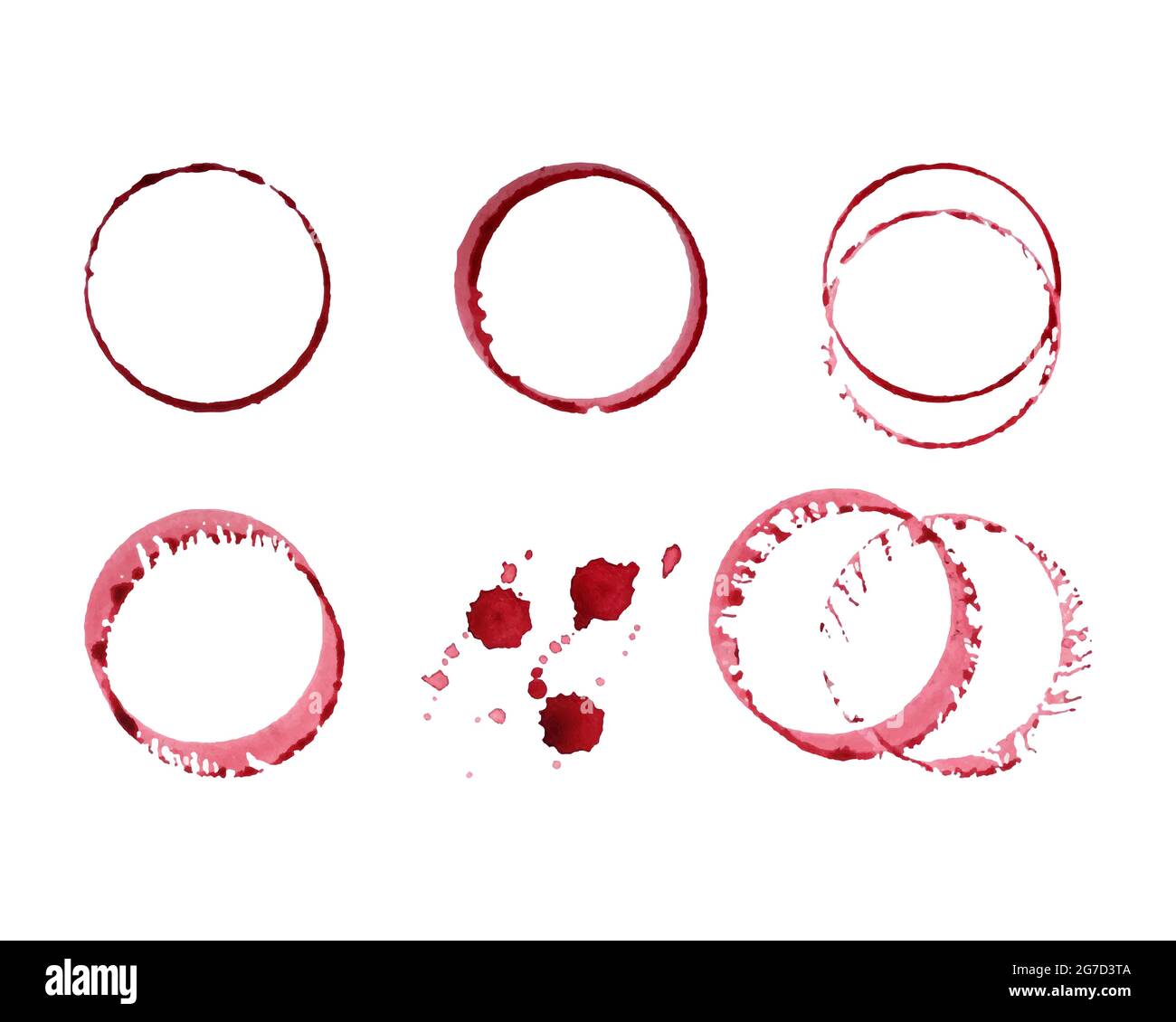 Taches de vin rouge, gouttes, éclaboussures, taches de verre renversées, icônes. Illustration vectorielle Illustration de Vecteur