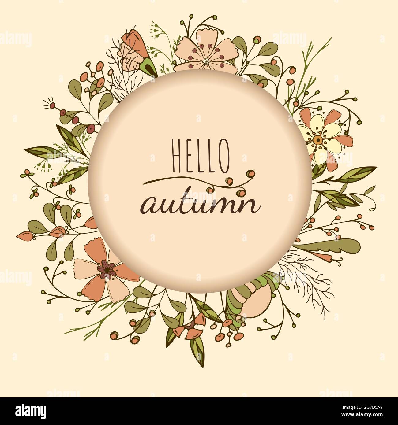Couronne d'automne vectorielle avec feuilles, baies, fleurs de saison et texte. Cadre rond . Illustration vectorielle Illustration de Vecteur
