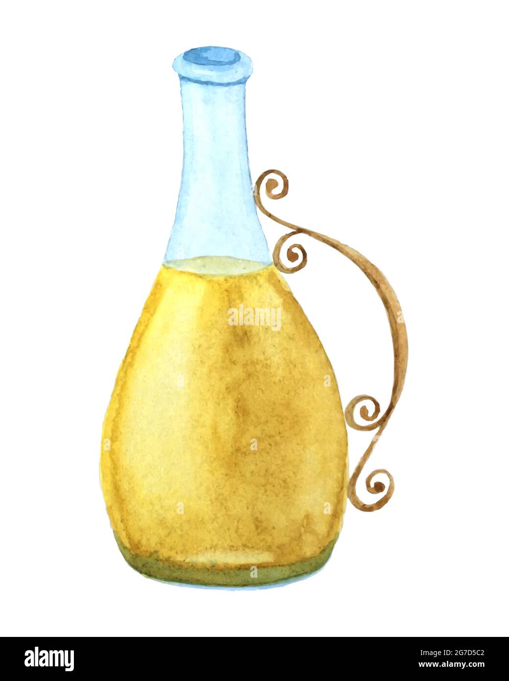 Bouteille à dessin à la main aquarelle d'huile d'olive, contenant en verre avec huile, couleur jaune de liquide à l'intérieur. Sur fond blanc, isolé. Illustration vectorielle Illustration de Vecteur