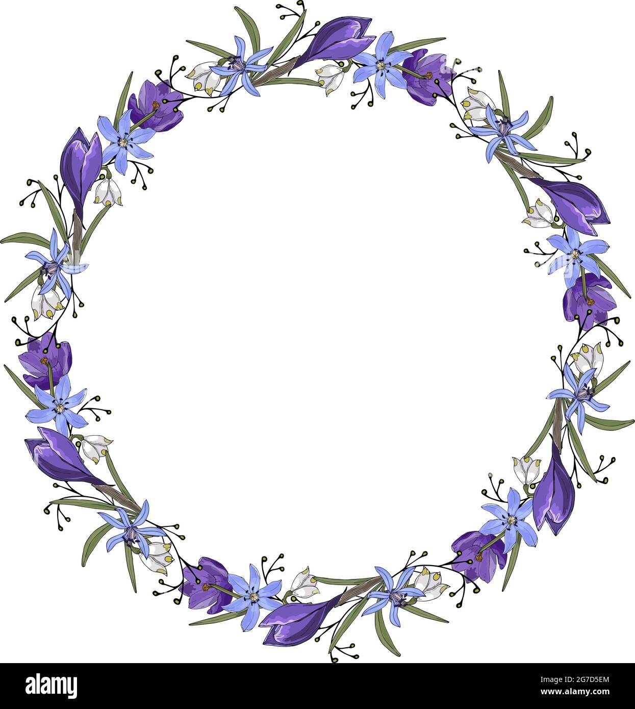 Couronne de printemps crocus scilla, dessin à la main avec des éléments de gribouillage. Illustration vectorielle Illustration de Vecteur