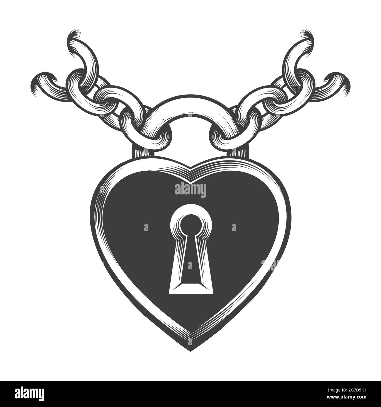 Tatouage de la serrure en forme de coeur et des chaînes dessinées en style gravure. Illustration vectorielle. Illustration de Vecteur